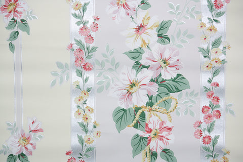 1950s Floral Stripe Vintage Wallpaper