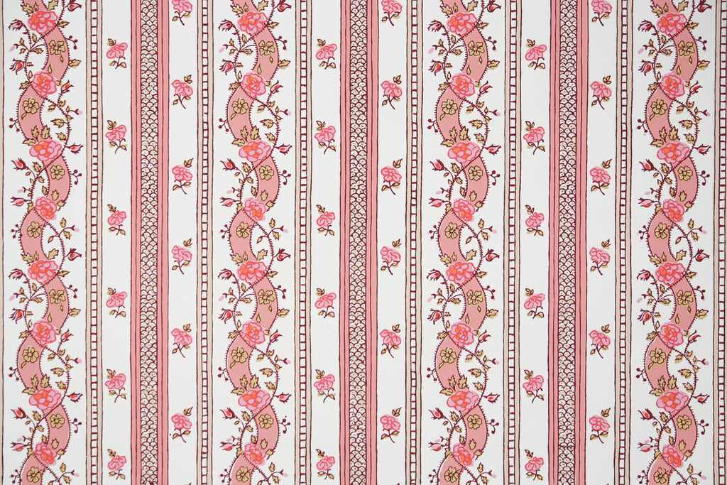 1970s Floral Stripe Hand-Print Vintage Wallpaper