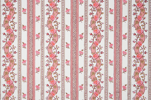 1970s Floral Stripe Hand-Print Vintage Wallpaper
